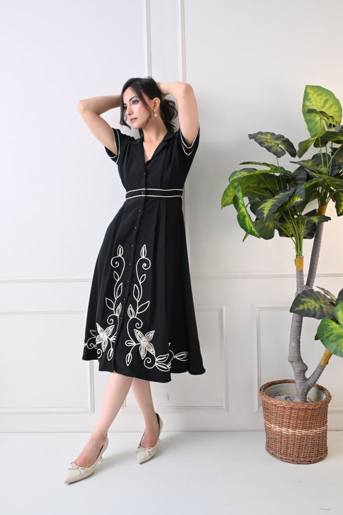 Women Black Embroidered Shirt Collar Midi Dress - GAIIA