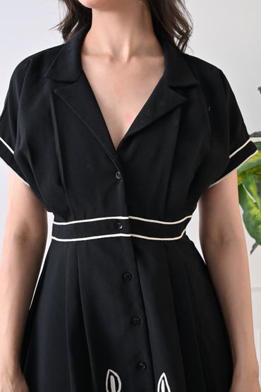 Women Black Embroidered Shirt Collar Midi Dress - GAIIA