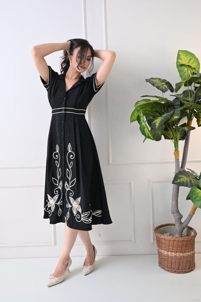 Women Black Embroidered Shirt Collar Midi Dress - GAIIA