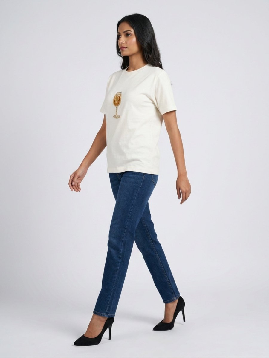 Women White With Gold Cocktail Motif Embellished Regular Fit Tshirts - GAIIA