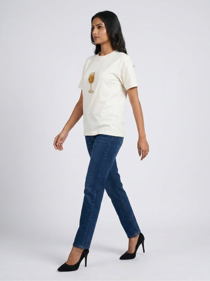 Women White With Gold Cocktail Motif Embellished Regular Fit Tshirts - GAIIA