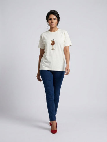 Women White With Gold Cocktail Motif Embellished Regular Fit Tshirts - GAIIA