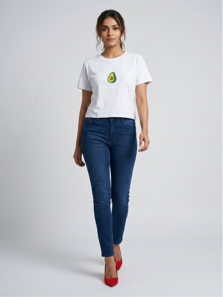 Women White With Green Avocado Motif Cotton Crop Top - GAIIA