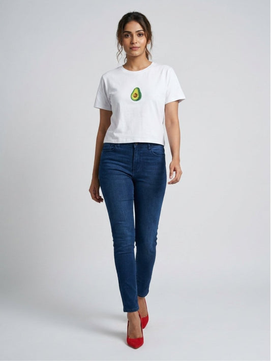 Women White With Green Avocado Motif Cotton Crop Top - GAIIA