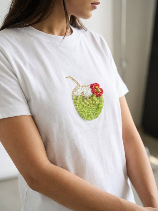 Women White With Green Coconut Drink Motif Cotton T-Shirt - GAIIA