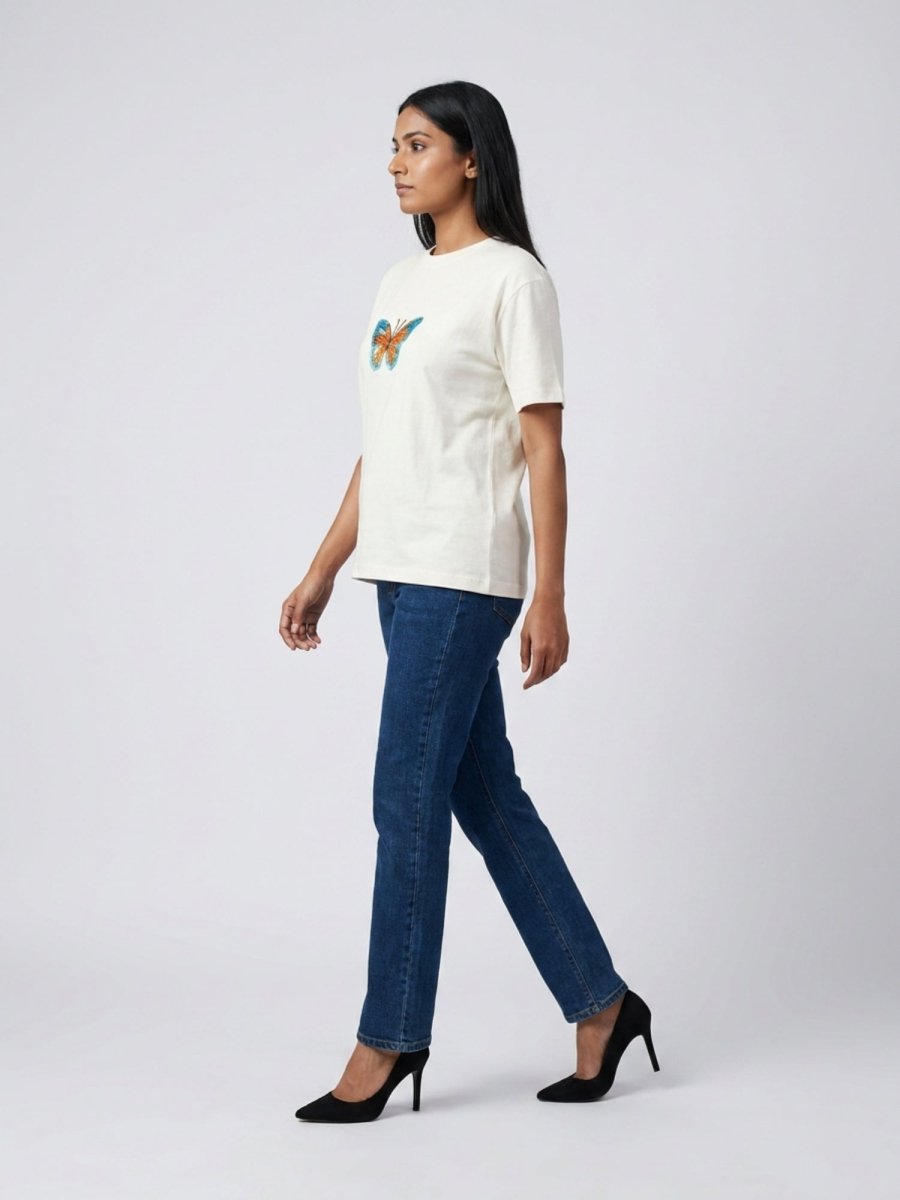 Women White With Multi Butter Fly Embellished Tshirt - GAIIA