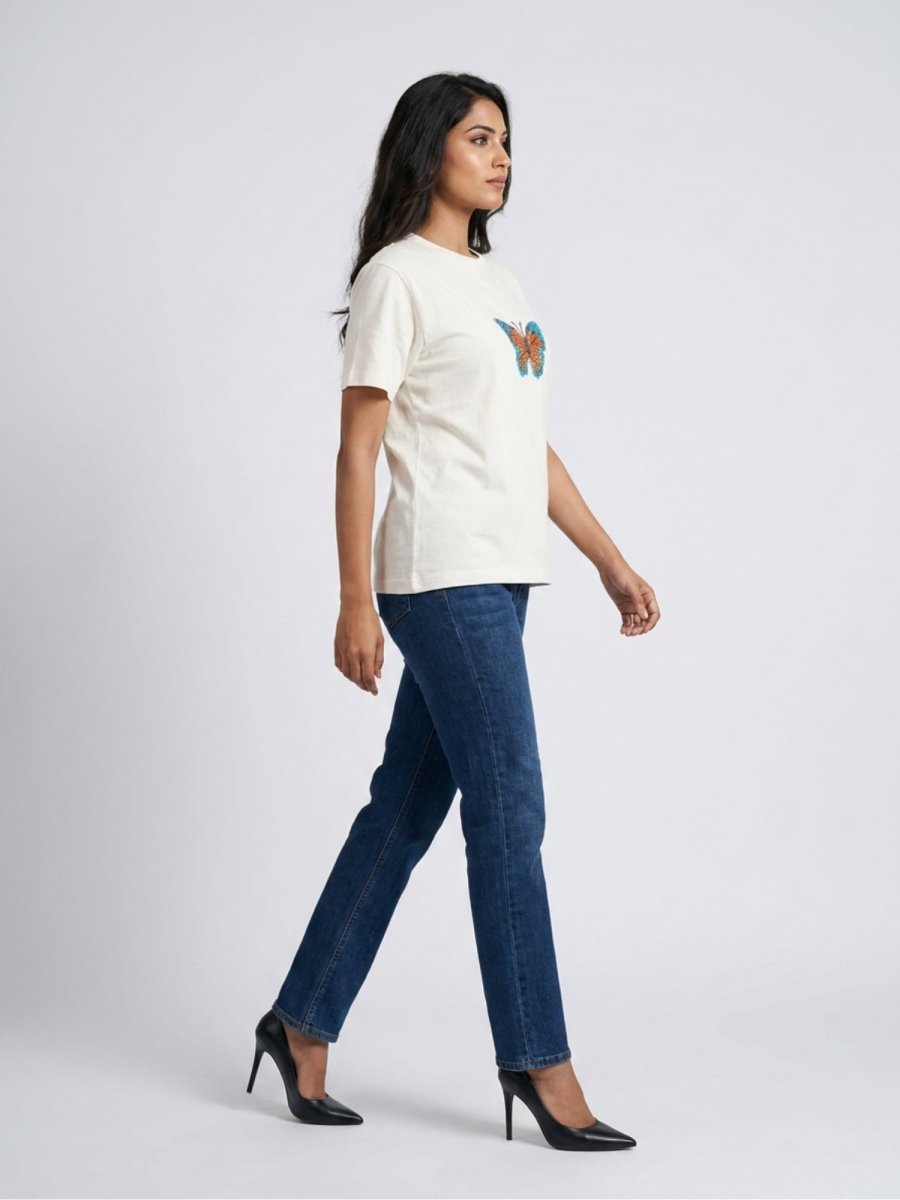 Women White With Multi Butter Fly Embellished Tshirt - GAIIA
