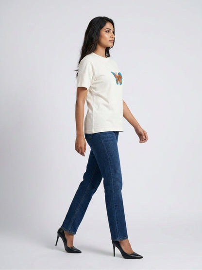 Women White With Multi Butter Fly Embellished Tshirt - GAIIA