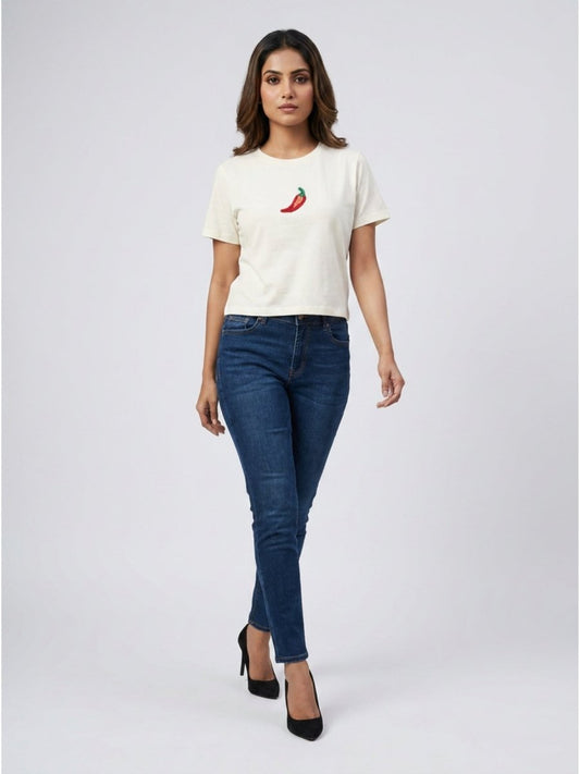 Women White With Red Chilli Motif Embellished Regular Fit Crop Top - GAIIA