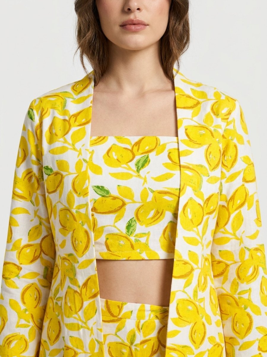 Yellow Cotton Floral Printed 3 - Piece Co - Ord Set - GAIIA