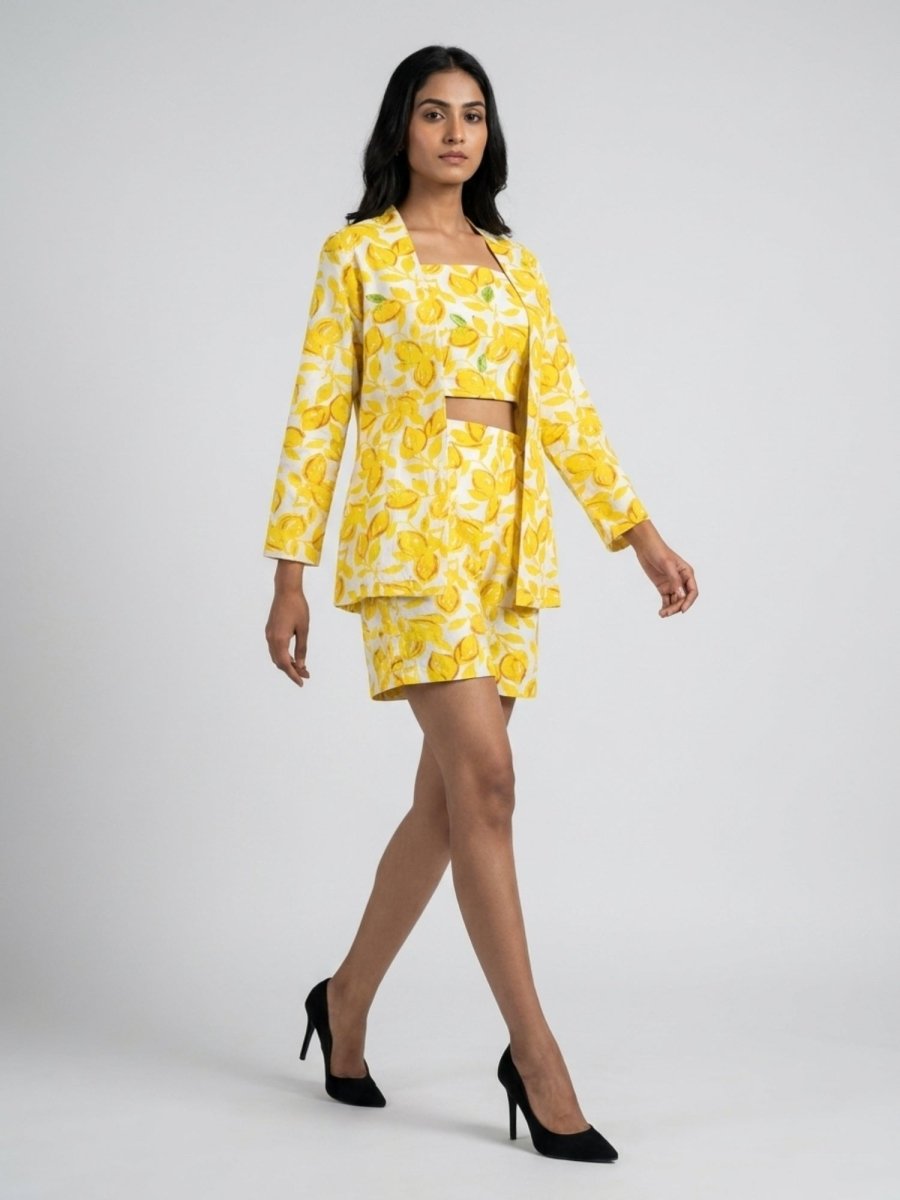 Yellow Cotton Floral Printed 3 - Piece Co - Ord Set - GAIIA