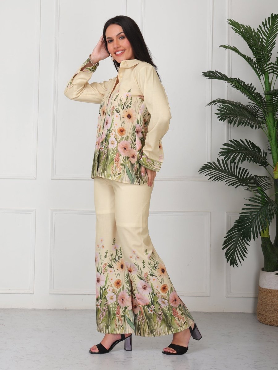 Yellow Floral Print Shirt With Palazzo Co - Ord Set - GAIIA