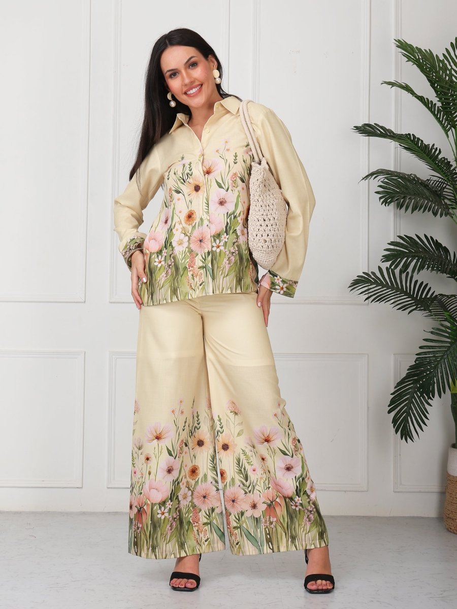 Yellow Floral Print Shirt With Palazzo Co - Ord Set - GAIIA