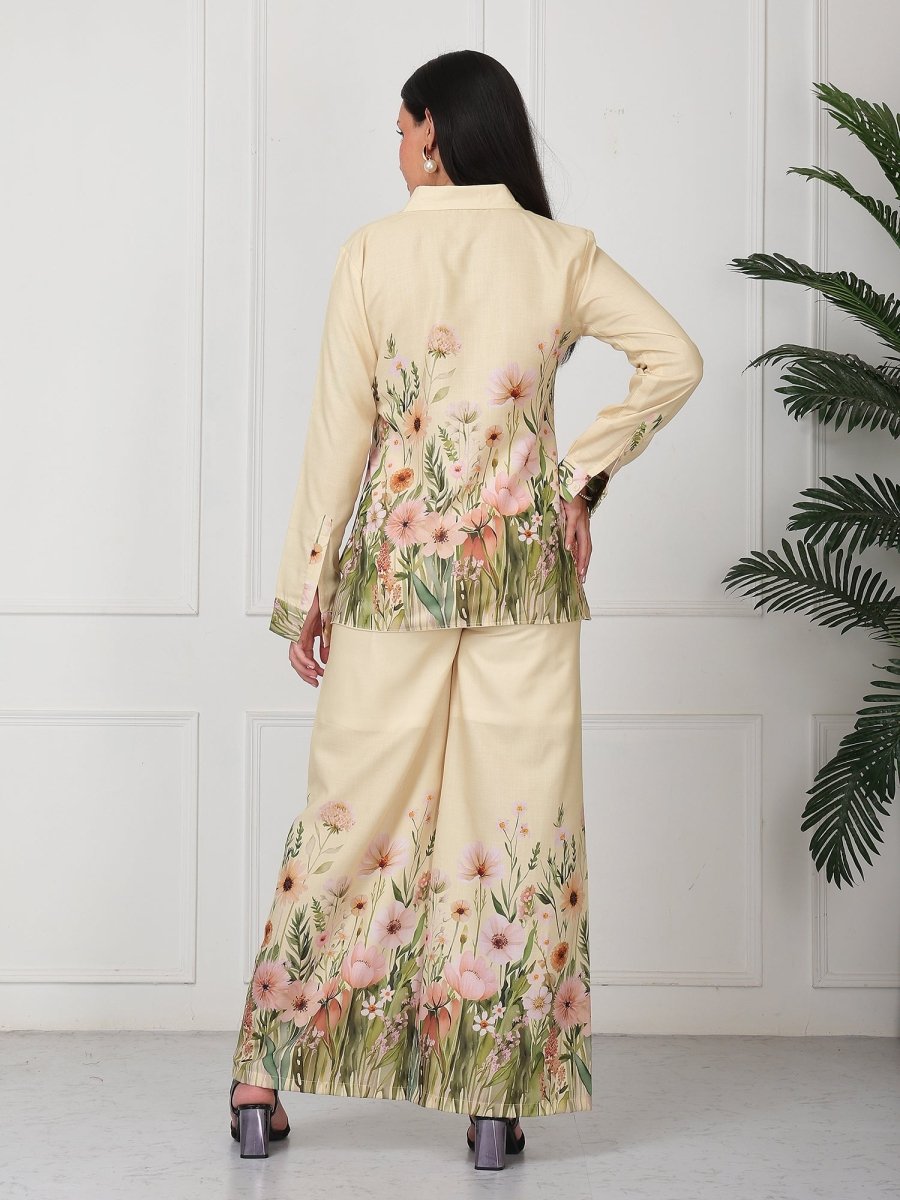 Yellow Floral Print Shirt With Palazzo Co - Ord Set - GAIIA
