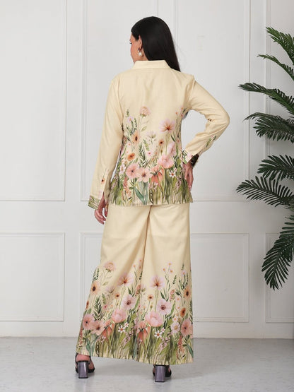 Yellow Floral Print Shirt With Palazzo Co - Ord Set - GAIIA