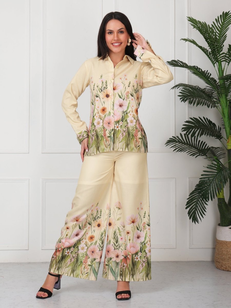 Yellow Floral Print Shirt With Palazzo Co - Ord Set - GAIIA
