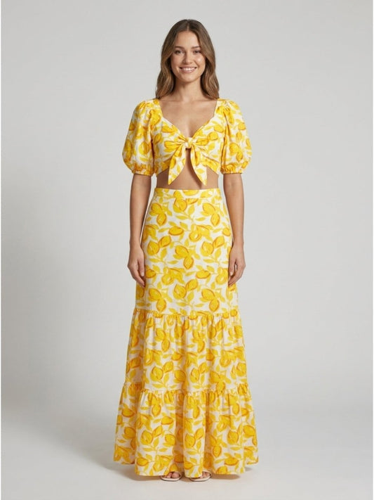 Yellow Floral Printed Satin Co - Ord Set - GAIIA
